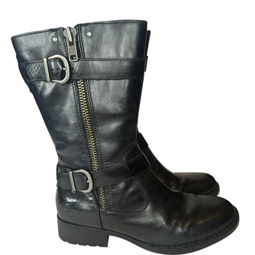 Born Erie Black Moto Mid Calf Buckle Zipper Leather Military Boots Size 7.5